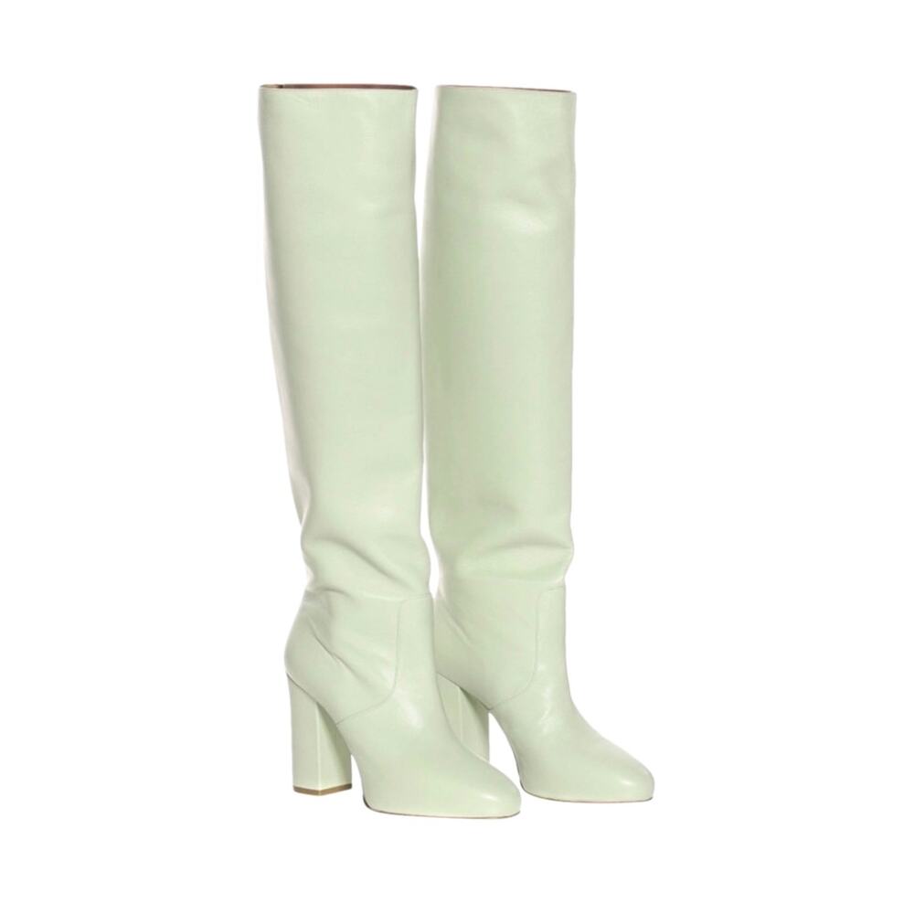 Dries Van Noten Mint Green Leather Knee High Boots Chunky Heel Size EU 38
